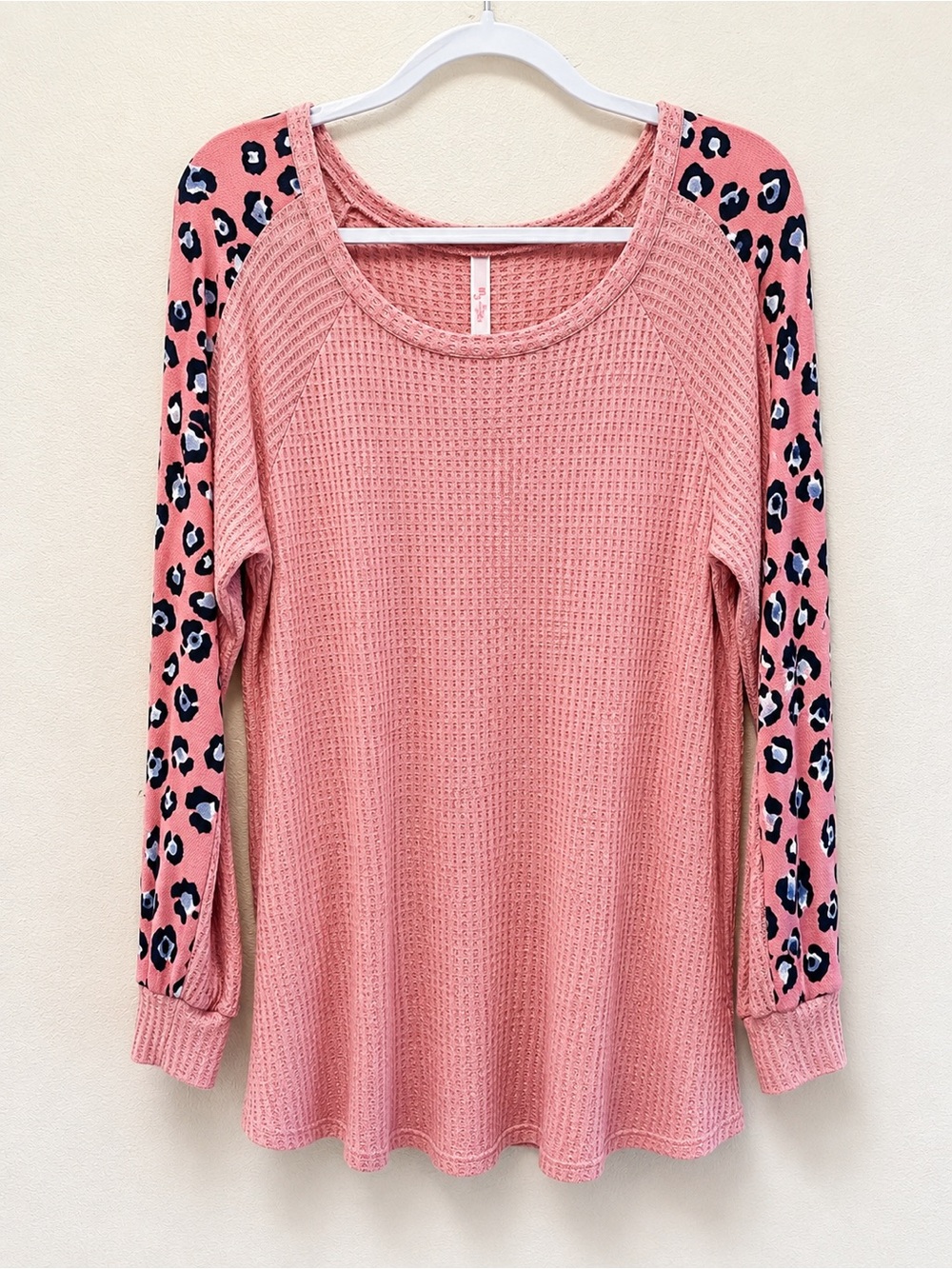 My Story Pink Waffle Knit Top with Leopard-Print Sleeves